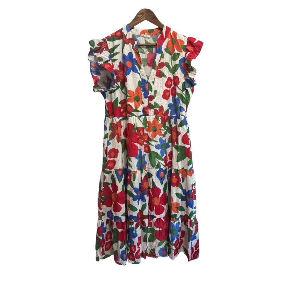 Entro Tiered Midi Dress Womens XL White Floral Excellent Ruffle Sleeve D17567P